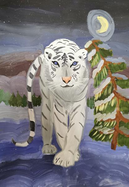 Silver Tiger in a Winter Forest (Gouache)