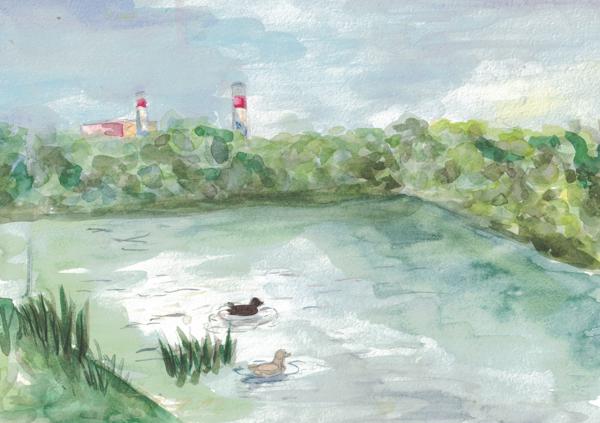 Moscow River Viewed from the Pontoon Bridge (Watercolor)